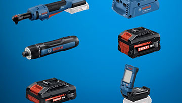 A collection of Bosch Professional tools on a blue background, including a blue cordless drill, a black and red battery, and a work light. All items are displayed clearly and organized.