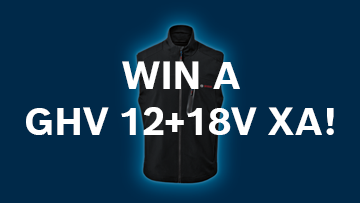 A black vest with a high collar is displayed prominently against a dark blue background. The text "WIN A GHV 12+18V XA!" is overlaid in large, bold white letters, creating a striking contrast. The overall design is sleek and modern, conveying an energetic and promotional atmosphere.