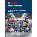 A catalog cover featuring various Bosch accessories, with colorful tools displayed on a rack in a warehouse.