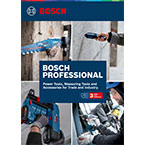 A collage of Bosch Professional tools, featuring a drill, cutting tool, and worker in action. Bright blue tools on a gray background, demonstrating various construction tasks. Professional atmosphere.