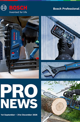 A Bosch Professional cordless nailer on a dark surface, accompanied by images of tools and woodwork activities.