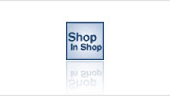 Shop In Shop logo in blue on a white background with a subtle reflection.