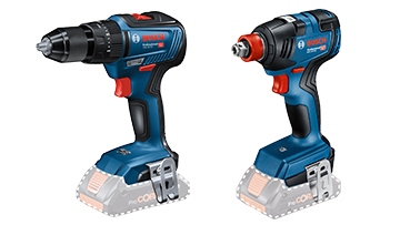 Two Bosch Professional cordless tools: a drill and an impact driver, both in blue.