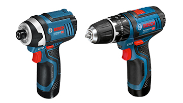 Two Bosch Professional cordless drills in blue and black, displayed side by side.