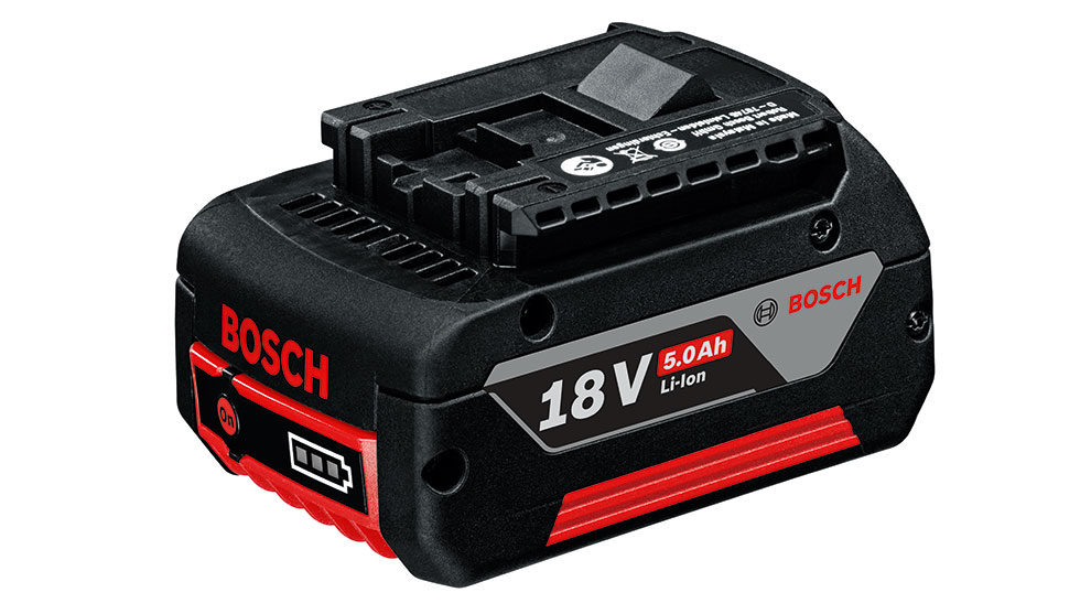 A Bosch Professional 18V Li-ion battery, black with red accents, on a white background.