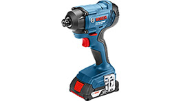 A blue Bosch Professional impact driver on a neutral background, showcasing its design.