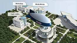 An aerial view of a modern complex with buildings, greenery, and a blue blimp overhead.