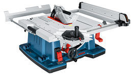 A blue Bosch Professional table saw with a silver cutting surface and adjustable guide rails.