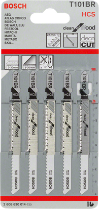 Bosch T101BR jigsaw blades for clean wood cutting.
