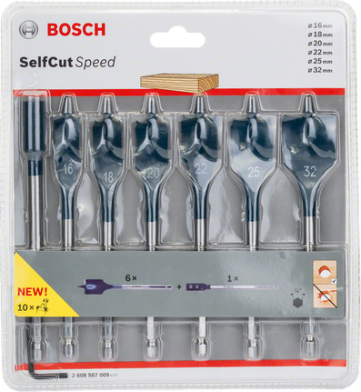 Bosch 7-piece SelfCut Speed spade bit set 16–32 mm.