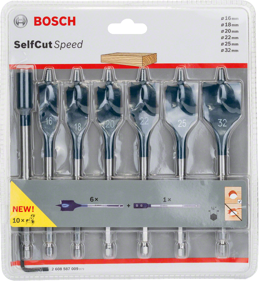 Bosch 7-piece SelfCut Speed spade bit set 16-32 mm.