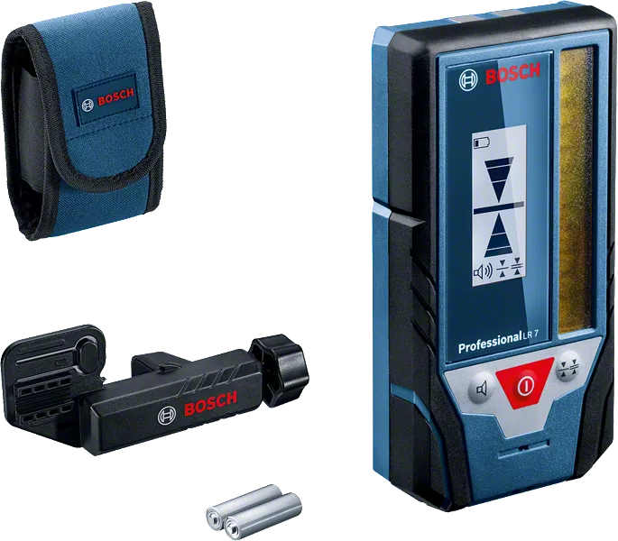 Bosch LR 7 laser receiver with clamp and carrying pouch.