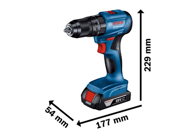 Bosch GSB 185-LI cordless drill, 18V 2.0Ah dimensions.