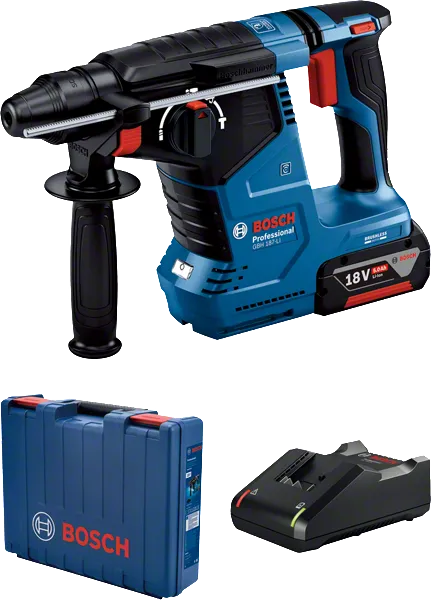 Bosch GBH 187-LI cordless rotary hammer with case and charger.