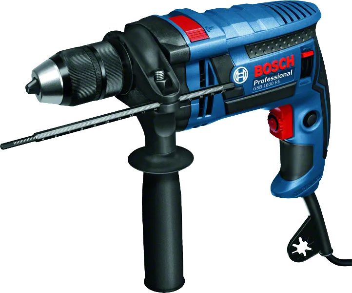 Bosch GSB 1600 RE corded impact drill with side handle.