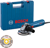 Bosch GWS 12-125 angle grinder with case and disc.