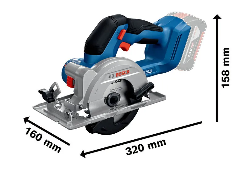 Bosch GKS 18V-44 cordless circular saw with dimensions.