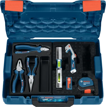 Bosch hand tool set with pliers level and tape measure.