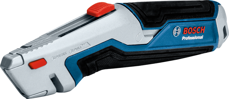 Cordless electric utility knife with a black grip and red safety switch.