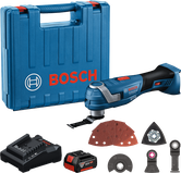 Bosch GOP 185-LI cordless multi-tool kit with accessories.