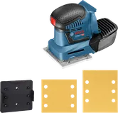 Bosch GSS 18V-10 cordless orbital sander with sanding sheets.