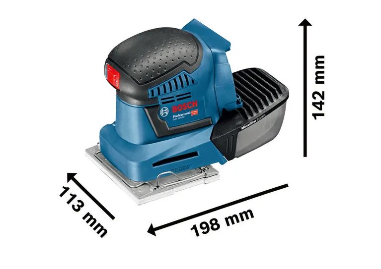 Bosch GSS 18V-10 cordless orbital sander with dimensions.