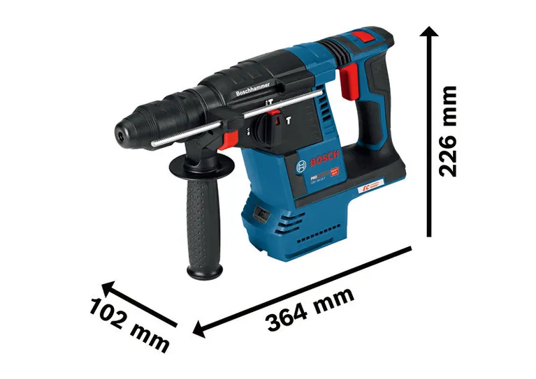 Bosch GBH 18V-26 F cordless rotary hammer with dimensions.