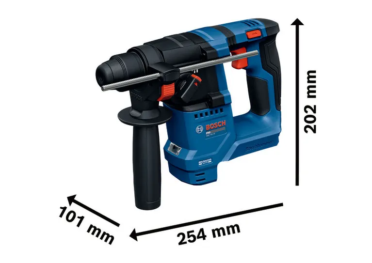 Bosch GBH 18V-18 rotary hammer with tool dimensions.