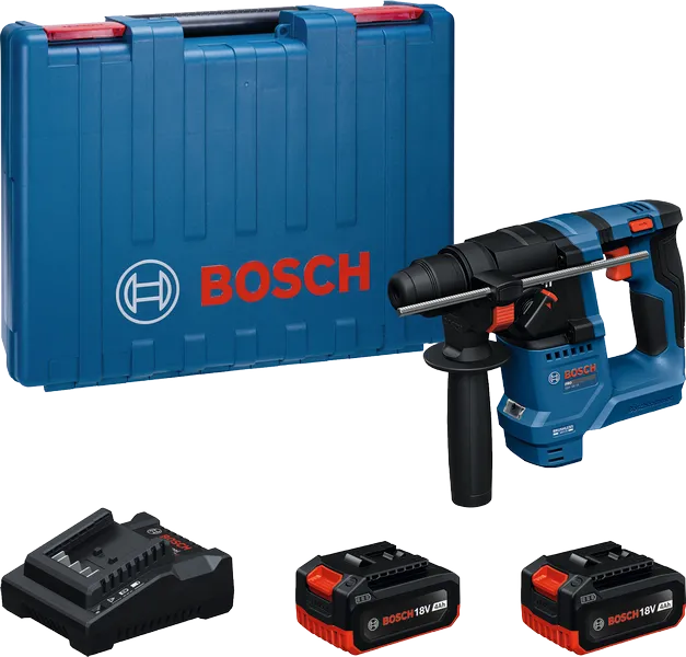 Bosch GBH 18V-18 rotary hammer with case and batteries.