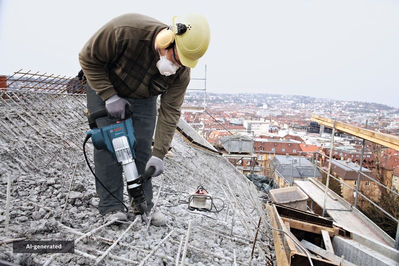 A person wearing safety equipment uses a demolition hammer to break concrete on a rooftop.