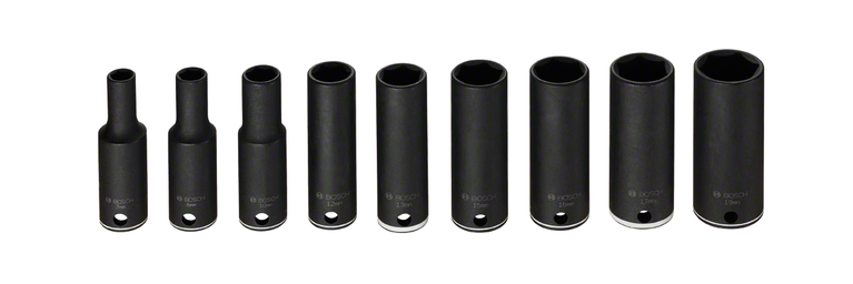 Bosch impact socket set, nine deep sockets in varying sizes.