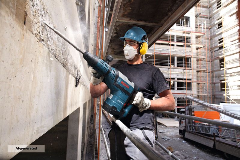 A person wearing safety equipment uses a demolition hammer to break concrete on a building site.