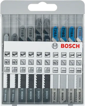 Bosch 10-piece jigsaw blade set for metal and wood.