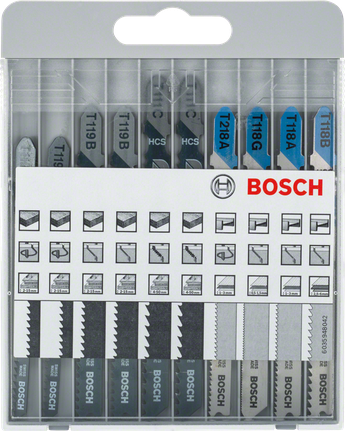 Bosch 10-piece jigsaw blade set for metal and wood.