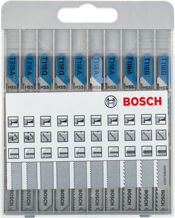 Bosch 10-piece jigsaw blade set for cutting metal.
