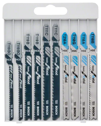 Bosch 10-piece jigsaw blade set for metal and wood.