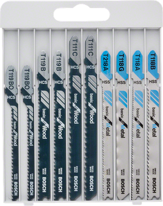 Bosch 10-piece jigsaw blade set for metal and wood.