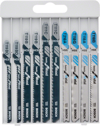 Bosch 10-piece jigsaw blade set for metal and wood.