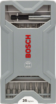 Bosch 25-piece screwdriver bit set in a gray case.