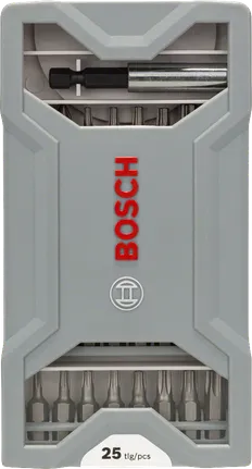 Bosch 25-piece screwdriver bit set in a gray case.