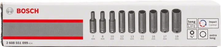 Bosch 9-piece extra long impact socket set 7-19 mm.