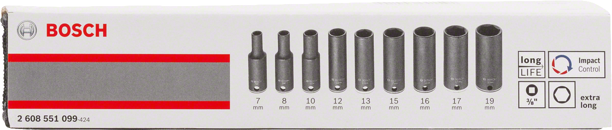 Bosch 9-piece extra long impact socket set 7-19 mm.