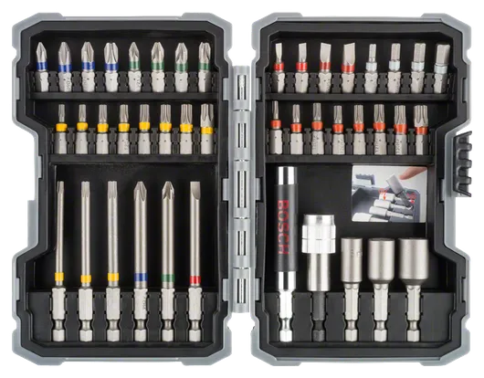 Bosch 43-piece impact screwdriver bit set with color-coded bits.