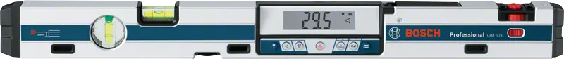 Digital inclinometer with bubble vials and angle displayed on a central screen.