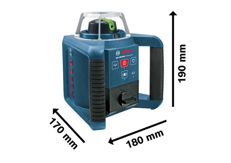 Bosch GRL 300 HVG rotation laser leveling tool with dimensions.