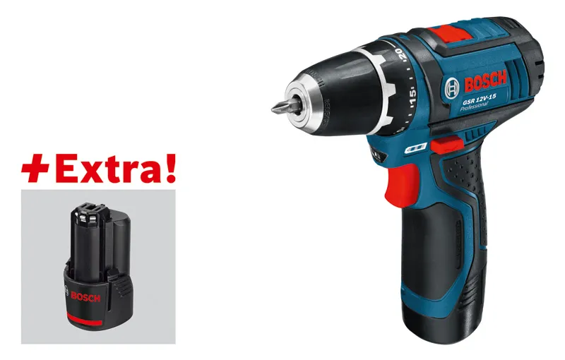 Cordless drill with spare battery.