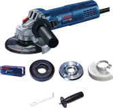 Bosch GWS9-125 angle grinder with accessories.