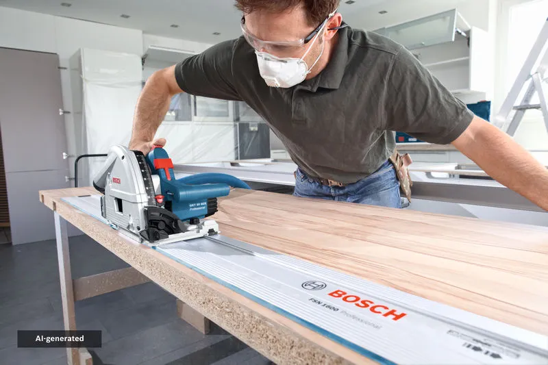 A person wearing safety equipment uses a plunge saw to cut wood along a guide rail.