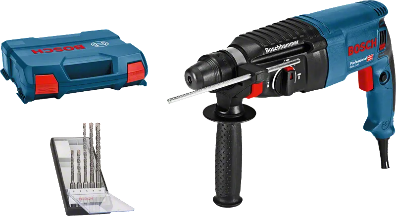 Bosch GBH 2-26 rotary hammer drill set with bits and case.