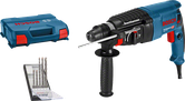 Bosch GBH 2-26 rotary hammer drill set with bits and case.